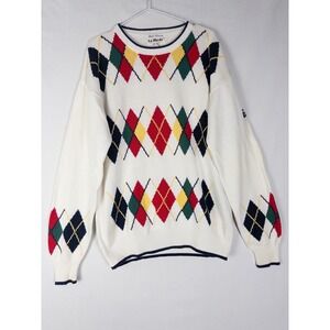 VTG La Mode Argyle‎ Sweater Mens L Pullover Knit 100% Cotton Pepsi Chunky
